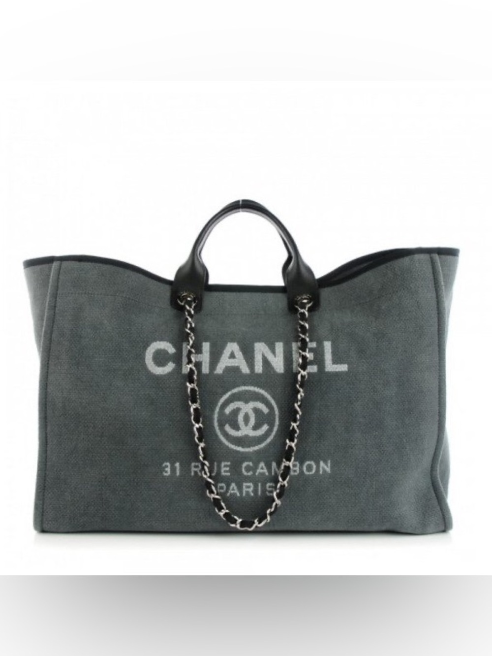 CHANEL Deauville XL Tote Grey Canvas Black Leather Silver Hardware